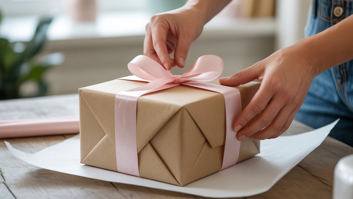 Realistiškas iš arti: rankos kruopščiai perrašo bendrą dovanų dėžutę su nauju, elegantišku popieriumi ir šviežiu juostele. Minkšta, ryški šviesa.