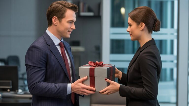 Realistiška dviejų verslo profesionalų nuotrauka, viena diskretiškai įteikdama sudėtingą dovanų dėžę kitai šiuolaikinių biurų aplinkoje, perteikdama pagarbą ir dėkingumą.