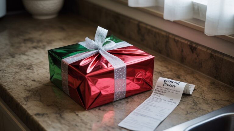 Realistiška nepageidaujamo dovanų paketo nuotrauka, nepaisoma ir šiek tiek nusiteikusi, ant apleistos virtuvės prekystalio.