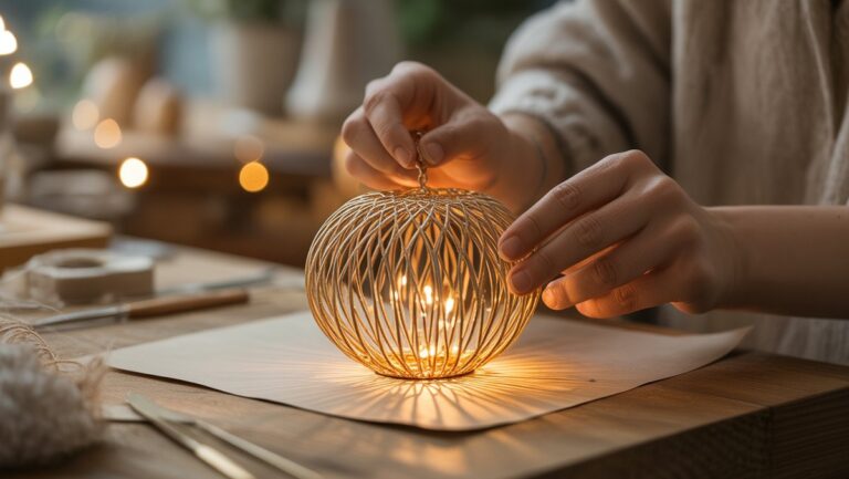 Realistiškas iš arti: subtilios rankos kruopščiai sukuria unikalią, sudėtingą rankų darbo dovaną, išsimaudytą šiltoje, švelnioje šviesoje, perteikiančioje meniškumą ir priežiūrą.