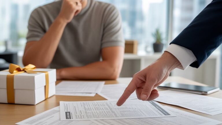 Realistiškas: asmuo, žvelgiantis į mokesčių formas ir dovanų dėžę, profesionalaus mokesčių patarėjo ranka, nurodydamas pagrindinę informaciją, aiškioje įstaigoje.