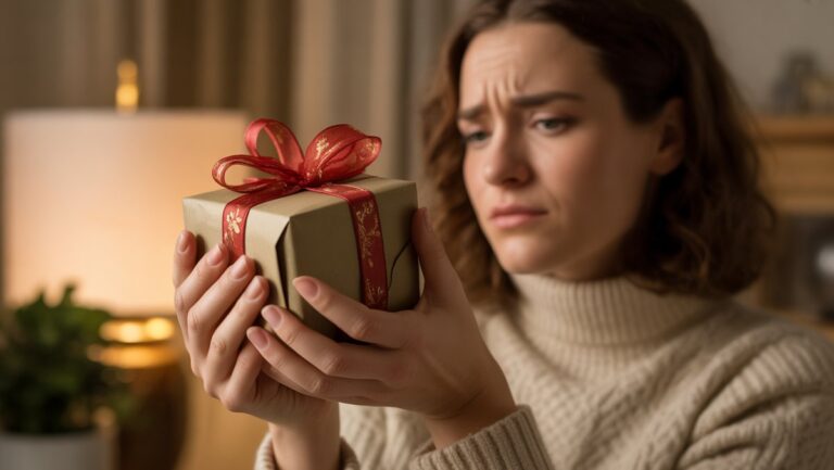 Realus vaizdas: žmogaus rankos subtiliai laiko atidarytą, šiek tiek nepatogų dovanų daiktą, apgalvotą ir subtiliai prieštaringą išraišką, švelniai apšviestuose namuose.