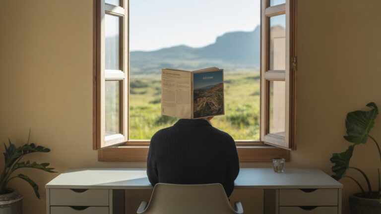Mąstyantis žmogus sėdi prie minimalistinio stalo, svarstęs apie gerai nešiojamą kelionių vadovą, atviras langas atskleidžia gyvybingą, įkvepiantį kraštovaizdį už jos ribų, minkštą natūralią šviesą, fotorealistinę.