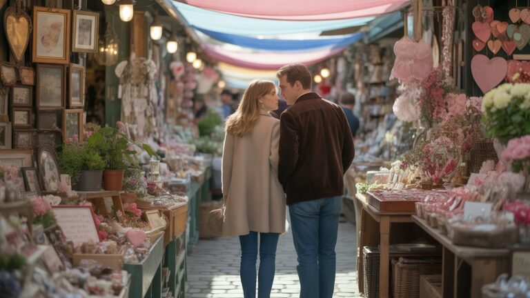 Mąstanti pora naršo už žavios derliaus turgavietės, užpildytos įvairiais Valentino lobiais - antikvariniais papuošalais, vazoniniais augalais, ranka rašytais laiškais, šokoladais - minkštos popietės saulės spindulių filtravimo per turgų baldakimą, fotorealistine romantiška atmosfera.