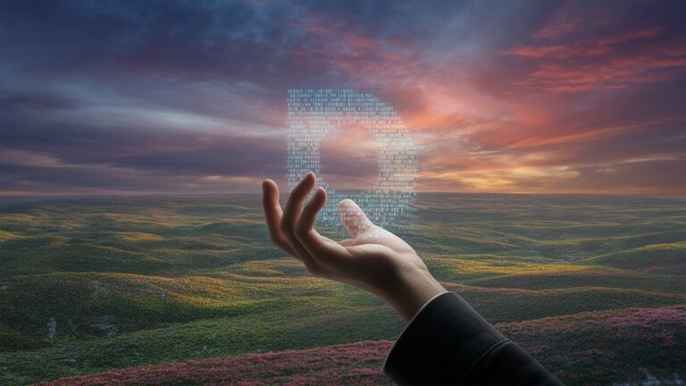 Ranka, švelniai laikanti žvilgantį, permatomą skaitmeninį kodą, veikiantį kaip langą į išsiplėtusią, ryškų įvairių, įdomių realaus pasaulio patirčių kraštovaizdį. Fotorealistinis.