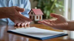 Realus senesnės rankos iš arti, švelniai perduodant simbolinį namą miniatiūrinius ir teisinius dokumentus ant jaunesnės rankos ant poliruoto medinio stalo, minkštos, šiltos šviesos.