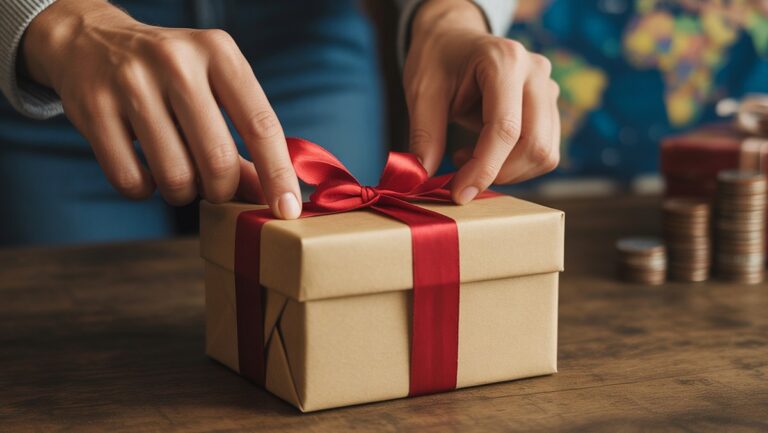 Realistiškos: Rankos kruopščiai išlaisvinančios gražiai pristatytą dovanų dėžutę. Nerkšti fono elementai subtiliai rodo pasaulio žemėlapį ir keletą sukrautų monetų.