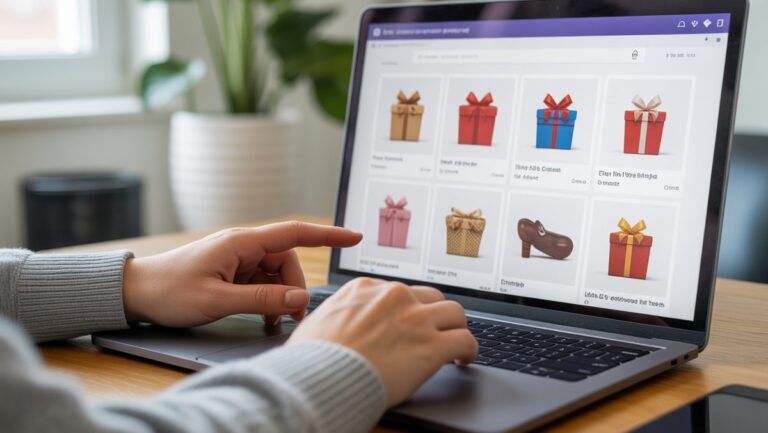 Realus, įtikinamas rankų vaizdas, atidžiai naršantis saugioje, gyvybingoje internetinėje dovanų parduotuvėje nešiojamajame kompiuteryje, pabrėžiant saugius ir patikimus pirkinius.