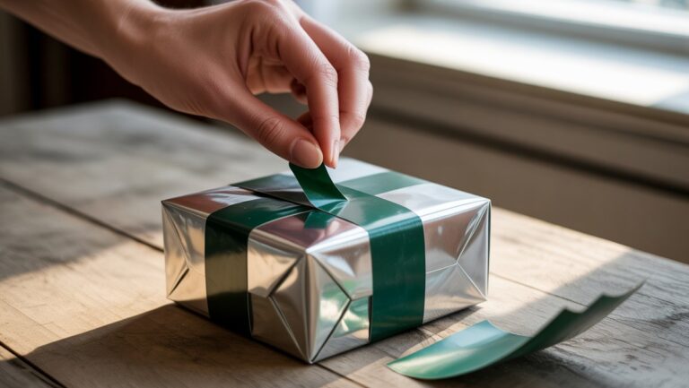 Realistiškas rankų, nulupus žalią etiketę nuo dovanų dėžutės, iš arti, atskleidžiant sintetines pakuotes apačioje, natūrali šviesa.