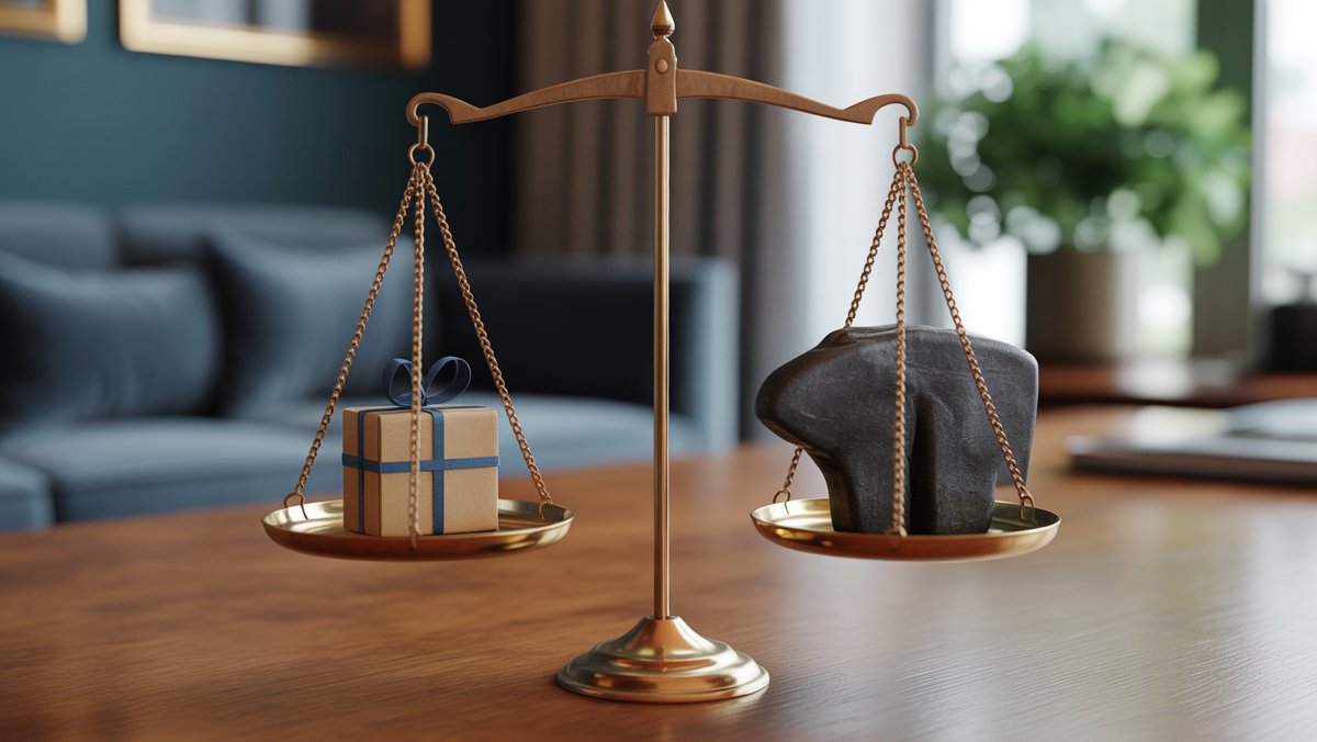 Realistiškas teisingumo skalės iš arti iš vienos pusės suderinant kuklią verslo dovaną ir šešėlinį, gausų objektą, simbolizuojantį etinę dilemą.