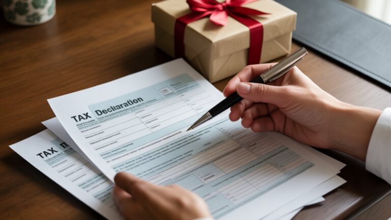 Realus vaizdas: Rankos kruopščiai nagrinėjant mokesčių deklaravimo formas, ant jų esanti rašiklis. Skoningai suvyniota dovanų dėžutė yra šalia dokumentų ant gerai apšviesto medinio stalo. Rami, atsakinga nuotaika.