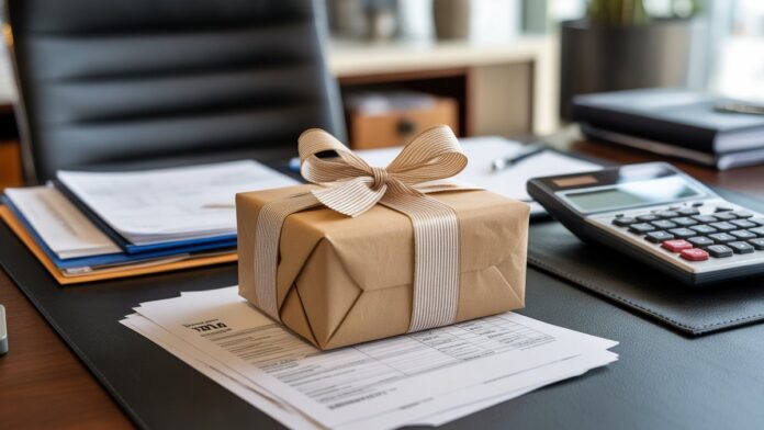 Realistiška tvarkingai apvyniotos verslo dovanos nuotrauka ant šiuolaikinio biuro stalo, šalia finansinės skaičiuoklės, sukrautų knygų ir oficialių mokesčių dokumentų.