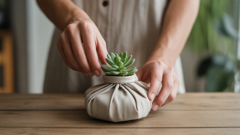 Rankų, apgalvotai išdėstytų ekologiškas dovanas, tokias kaip mažas augalas ir audinio apvyniotas daiktas ant paprasto medinio paviršiaus, minkšta natūrali, reali, realistiška.