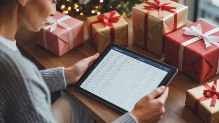 Realus ramaus žmogaus įvaizdis, ramiai peržiūrint kruopščiai organizuotą dovanų biudžetą planšetiniame kompiuteryje, apsuptas kelių elegantiškai apvyniotų dovanų, išsimaudytų minkšta, šilta šviesa, perteikusi finansinę ramybę.