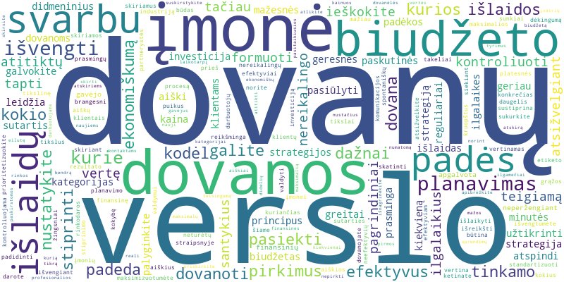 Word cloud for article on Kaip efektyviai planuoti biudžetą verslo dovanoms ir išvengti per didelių išlaidų?