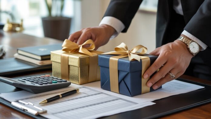 Realistiška rankų nuotrauka, kruopščiai išdėstyta elegantiškomis verslo dovanomis ant poliruoto stalo, kartu su finansine skaičiuokle, skaičiuokle ir rašikliu, perteikiančiu strateginio biudžeto planavimą.