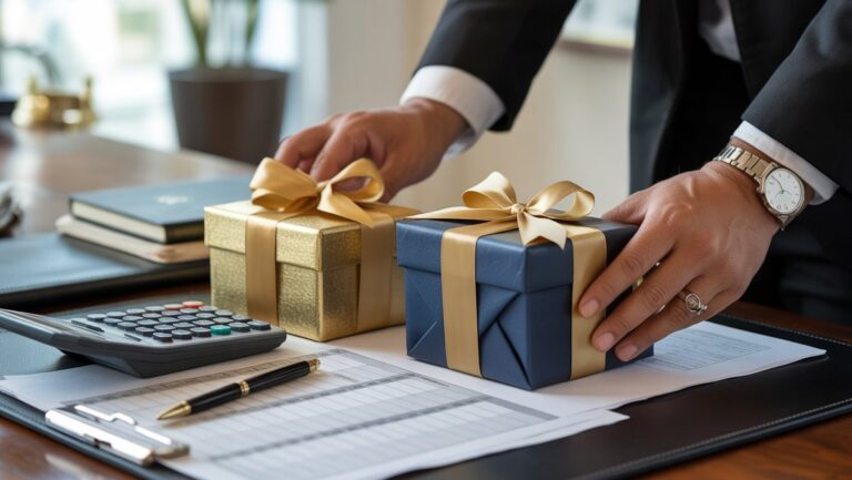 Realistiška rankų nuotrauka, kruopščiai išdėstyta elegantiškomis verslo dovanomis ant poliruoto stalo, kartu su finansine skaičiuokle, skaičiuokle ir rašikliu, perteikiančiu strateginio biudžeto planavimą.