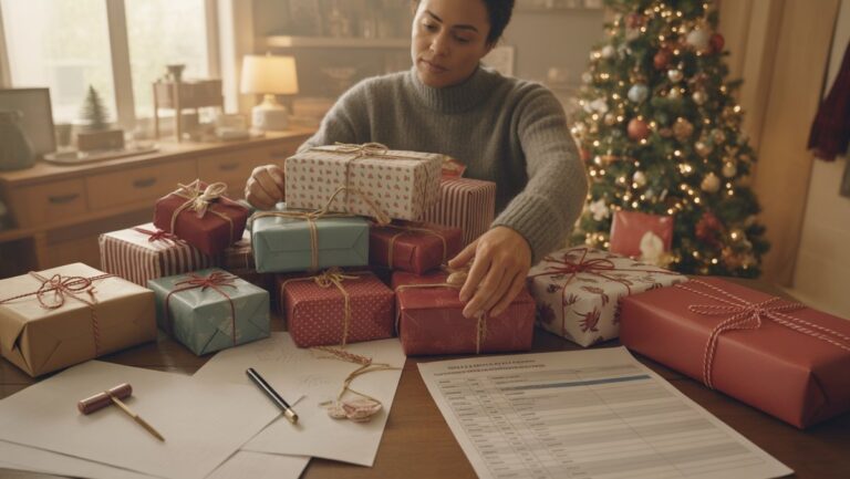 Realistiška žmogaus nuotrauka prie stalo, kruopščiai planuodama didelę krūvą suvyniotų dovanų su sąrašais ir biudžeto skaičiuoklę. Šilta, apgalvota atmosfera.