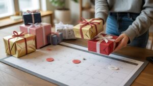 Realistiška asmens nuotrauka, kurioje metodiškai gražiai apvyniotos gimtadienio dovanos iki mėnesio pagal kalendorių, perteikiantį metų trunkantį biudžeto planavimą.