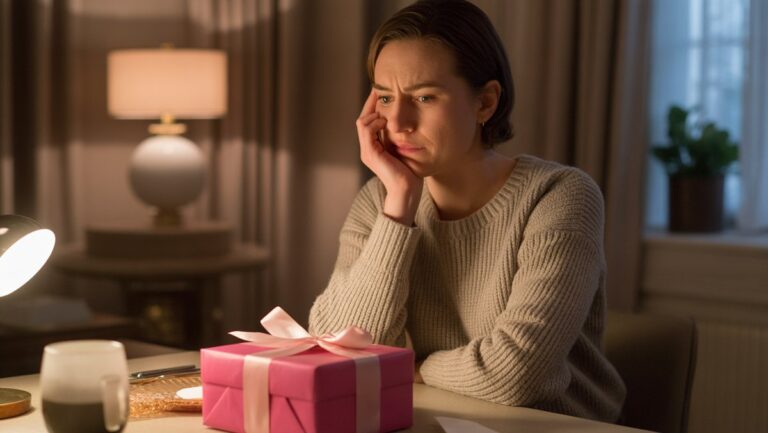 Realistiška nuotrauka: subtili žmogaus reakcija į atidarytą dovanų dėžę ant stalo, parodanti mandagų nerimą ir apgalvotą painiavą. Minkšta, šilta aplinkos šviesa.