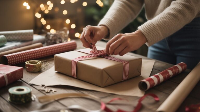 Realus rankų iš arti, efektyviai įvyniojant dovaną ant subtiliai chaotiško stalo, apsuptas įvairių vyniojamųjų popierių, juostelių ir paprastų papuošimų po minkšta, šilta šviesa.