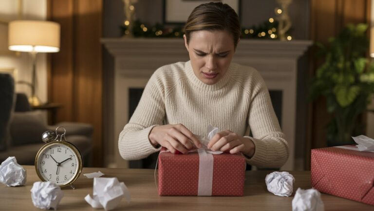 Realistiškas, įtemptas asmuo pašėlusiai įvynioja skubotai parinktą dovaną, apsuptą supjaustyto popieriaus ir tikslios laikrodžio, minkšto vidaus apšvietimo.