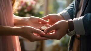 Realistiškas, intymus poros rankų iš arti, švelniai laikant mažą, prasmingą daiktą, perteikdamas ilgalaikę meilę, švelnią šiltą šviesą, romantišką atmosferą.