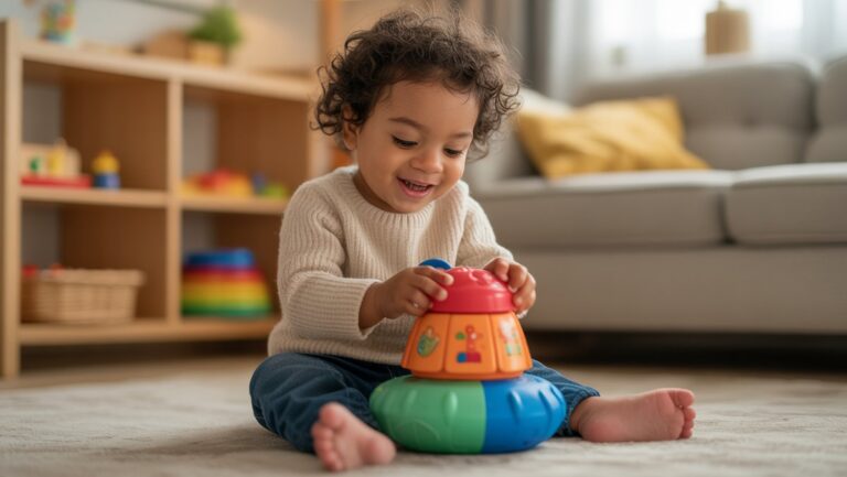Laimingas vaikas, įsitraukęs į žaidimą su kruopščiai parinktu, ryškiaspalviu edukaciniu žaislu. Šilta šviesa, saugi aplinka. Realistiška fotografija.