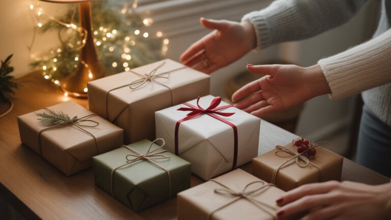 Realistiška rankų nuotrauka, kurioje subtiliai atsižvelgiama į įvairias, elegantiškai suvyniotas dovanas ant šilto medinio paviršiaus, minkštos išsklaidytos šviesos, jaukios atmosferos.