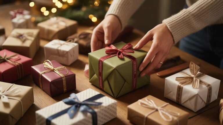 Realistiškas rankų, apgalvotai pasirinktų gražiai suvyniotą dovaną iš kuruojamo įvairių, elegantiškų variantų ant šilto medinio stalo, minkštos aplinkos šviesos, iš arti.