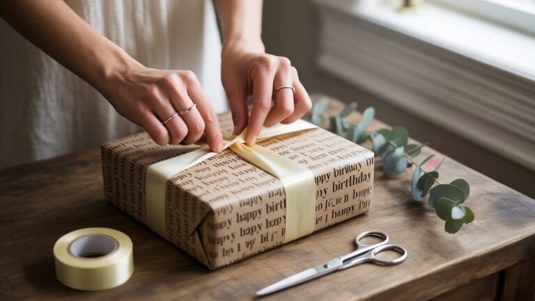 Rankos profesionaliai apvynioja gražiai raštuotą dovaną su elegantiškomis juostelėmis ir juostele ant šilto, kviečiančio stalo. Realus, iš arti.