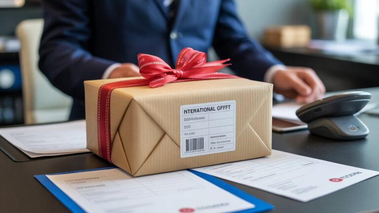 Realistiška gražiai apvyniotos dovanų dėžutės su tarptautinėmis gabenimo etiketėmis ant švaraus stalo, šalia neryškių muitinės dokumentų ir profesionalaus kurjerio nuskaitymo įrenginio, nuotrauka.