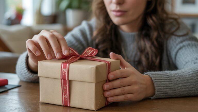 Žmogaus rankos subtiliai atidaro dovanų dėžutę, atskleidžiančią bendrą, nepageidaujamą daiktą, veidas subtiliai atspindi mandagų nusivylimą. Realus, natūralus apšvietimas, minkštas fono netvarka.