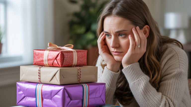 Realistiška nuotrauka, kurioje subtiliai subtiliai žiūrint su subtiliai suvaidintu ryškiai apvyniotų, tačiau generinių gimtadienio dovanų, minkštos natūralios šviesos krūvu.