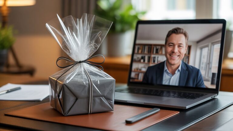 Realistiška scena: aptaki, apvyniota verslo dovana ant stalo. Nešiojamojo kompiuterio ekrane vaizdo skambutyje rodomas besišypsantis profesionalas, reiškiantis nuotolinį įvertinimą.