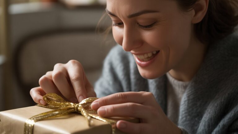 Realus, kinematografinis šūvis: žmogaus rankos švelniai pradeda išvynioti dovaną, švelni šviesa, pabrėžianti jų veidą, atspindinčią tikrą staigmeną ir nuoširdžią šilumą.