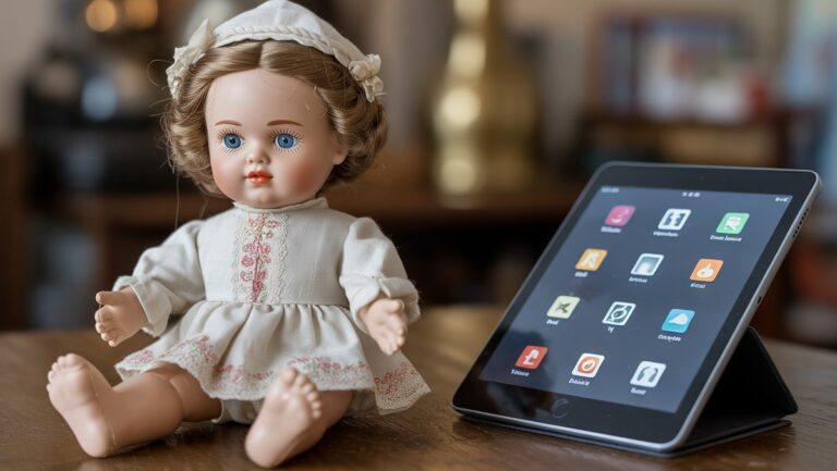 Realistiška, didelės detalės nuotrauka: senovinė rankų darbo lėlė ir moderni planšetinė kompiuteris, kuris per šimtmetį atspindi besivystančias vaikų dovanas. Minkštas apšvietimas.