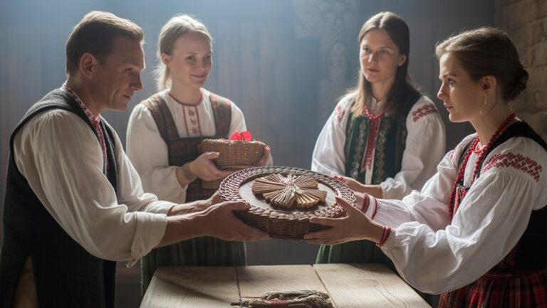 Realistiška tradicinių lietuvių žmonių nuotrauka, keičiantis rankomis pagamintomis dovanomis, kuriose senovės pagoniški simboliai subtiliai susijungia su krikščioniška ikonografija, švelni, natūrali šviesa.