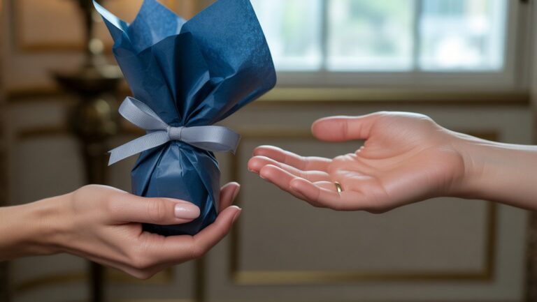 Realus rankų iš arti: vienas švelniai siūlo gražiai suvyniotą dovaną, kitą subtiliai gestinantį atsisakymą, perteikdamas mandagų nenorą.