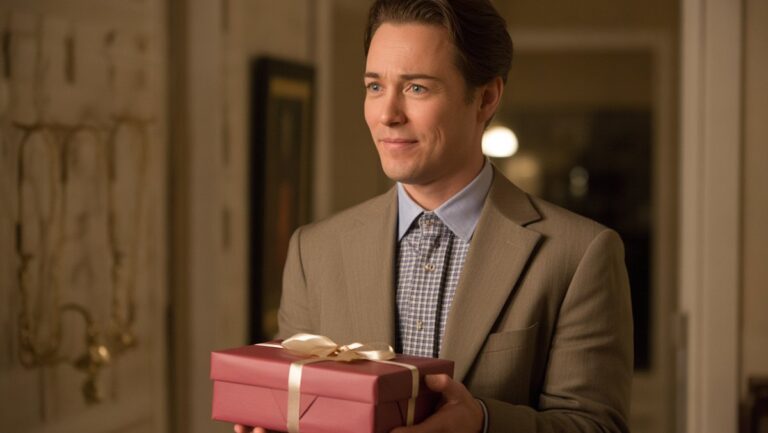 Realistiška žmogaus, turinčio lengvą, mandagų dvejonių, nuotrauka, priimant dovaną, šiltą vidaus apšvietimą, sutelkite dėmesį į subtilią veido išraišką.