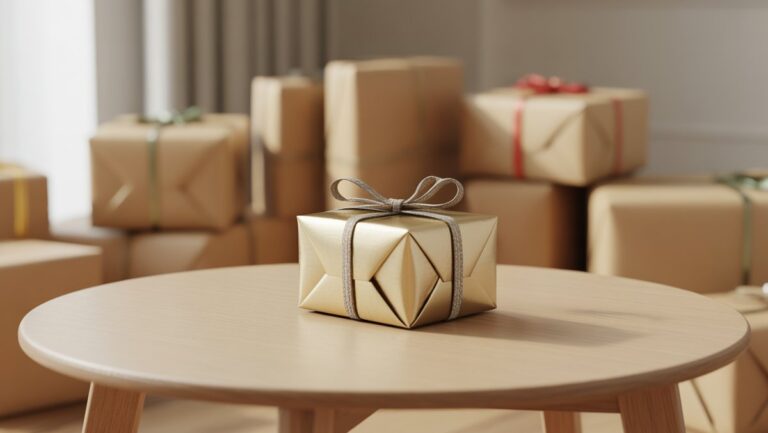 Realistiška vienos, elegantiškai paprastos dovanos ant švaraus minimalistinio medinio stalo nuotrauka, kontrastuota su neryškiu išmestų, generinių apvyniotų dėžučių fonu. Minkšta natūrali šviesa.