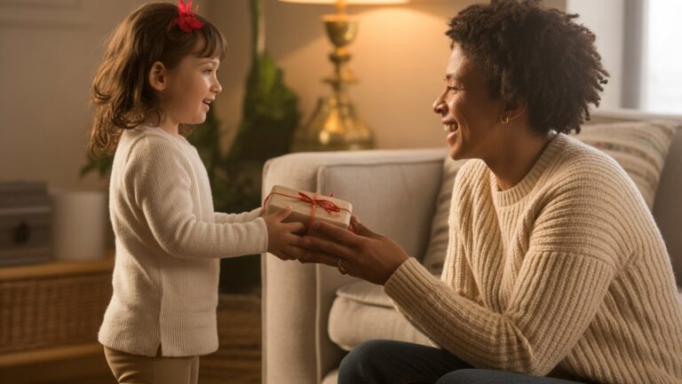 Vaikas, apgalvotai įteikęs mažą, tiesiog apvyniotą dovaną besišypsančiam suaugusiam, abu dalijasi šiltu dėkingumu jaukiuose, realiuose namuose.