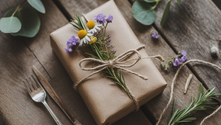 Viršukasis ekologiškos dovanos, suvyniotos į rudą popierių, šūvis, papuoštas laukinėmis gėlėmis, virve ir rozmarino šakele, ant kaimiško medinio paviršiaus, natūralios šviesos, realios.