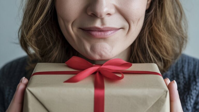 Realus žmogaus veido iš arti parodytas mandagi, šiek tiek priverstinė šypsena, laikant apvyniotą dovaną, užsimenant apie paslėptą nusivylimą.