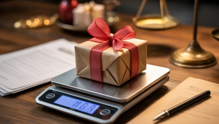 Realus gražiai apvyniotos dovanos įvaizdis tikslioje skaitmeninėje skalėje su subtiliu teisinių dokumentų fonu, šilta, kviečiančia šviesa.