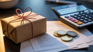 Realistiška, aukštos skiriamosios gebos nuotrauka, kurioje yra suvyniota dovanų dėžutė, ilsėdama ant profesionalios stalo, apšviestos minkšta šviesa, kartu su skaičiuokle ir oficialiais finansiniais dokumentais su euro monetomis.