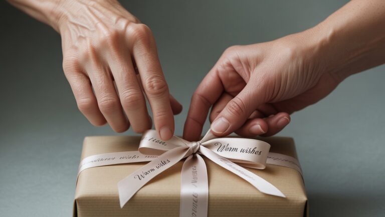 Realus rankų iš arti, subtiliai naršo gražiai suvyniotą dovaną, reiškiančią švelnias ribas šiltuose, pagarbiuose santykiuose.