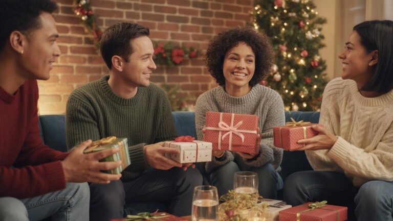 Realistiška laimingų įvairių draugų nuotrauka jaukioje vakarėlyje, apsikeitusi apgalvotai biudžetinėmis dovanomis, perteikiančiomis finansinius išmanius ir šventinį džiaugsmą.