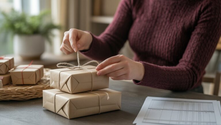 Realistiška apgalvoto žmogaus scena kruopščiai rūšiuojant nedidelę nuolankių dovanų krūvą ant stalo, netoliese esančio biudžeto lapo. Minkšta, natūrali šviesa.