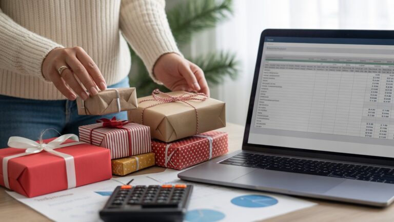 Realus rankų iš arti išdėstymas, organizuojantis įvairias apvyniotas dovanų dėžutes ant stalo, šalia biudžeto skaičiuoklės nešiojamojo kompiuterio ekrane ir skaičiuoklę, minkštą šviesą.